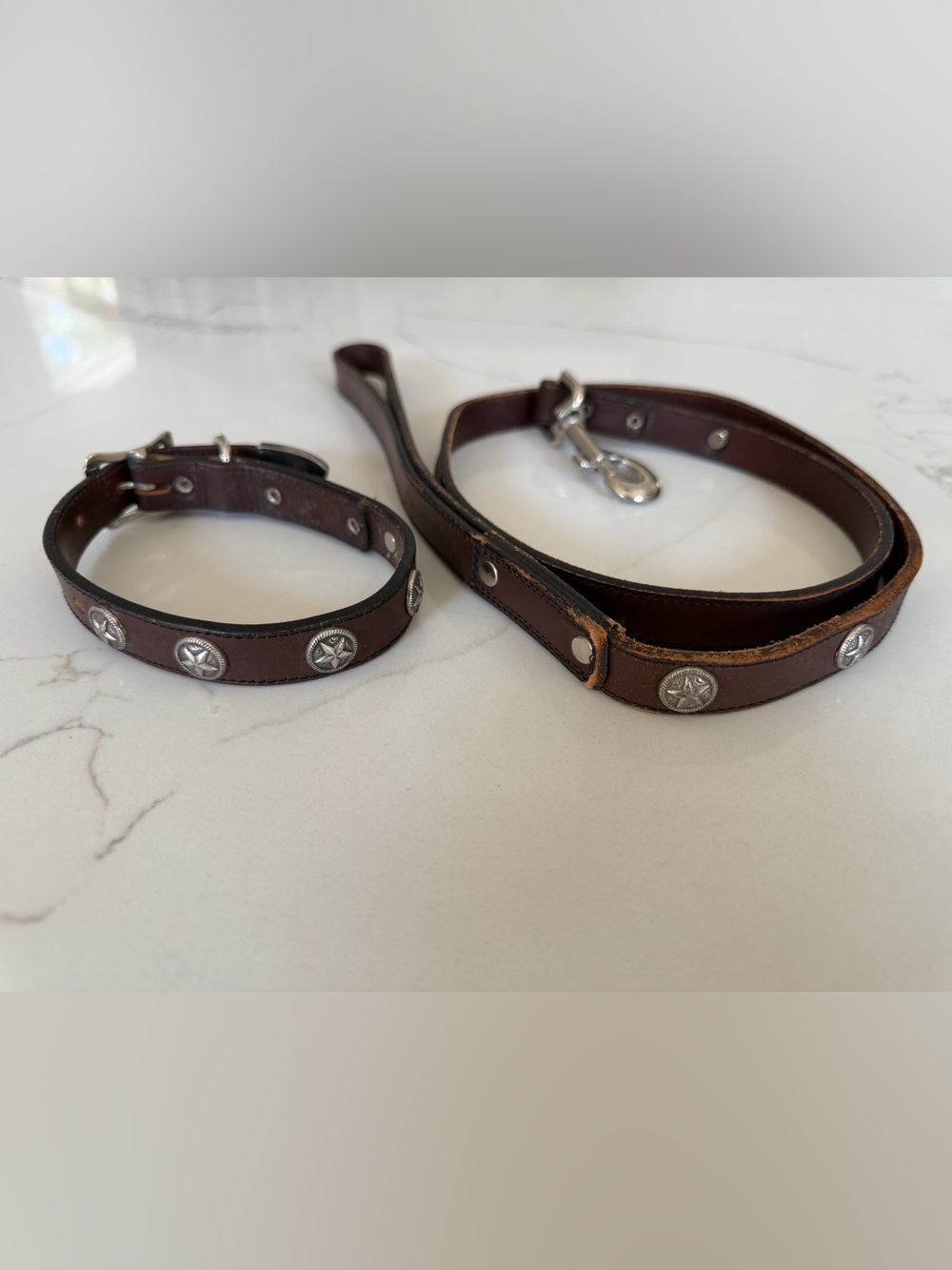 Brown Leather Dog Collar and Leash with Star Stud Accents